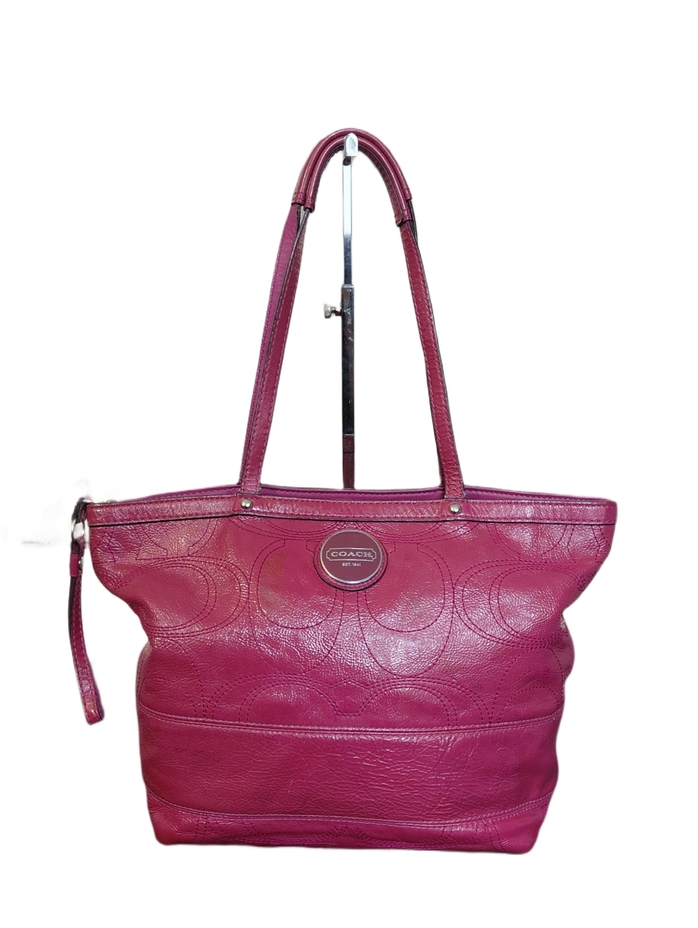 Coach Signature Stitch Berry Pink Leather Tote Shoulder Bag